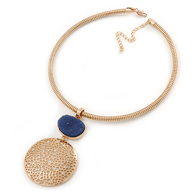 Gold Tone Medallion with Blue Stone Pendant with Flex Collar Necklace - 40cm L/ 7cm Ext - main view