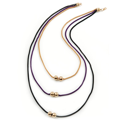 3 Strand, Beaded, Layered Mesh Chain Necklace In Black/ Purple/ Gold Tone - 86cm L - main view