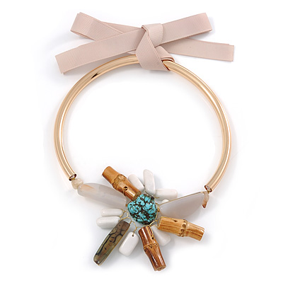 Statement Flower Gold Plated Metal Bar with Silk Ribbon Choker Necklace - Adjustable - main view