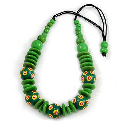 Lime Green Ball and Button Wood Bead Black Cotton Cord Necklace - 66cm Long - main view