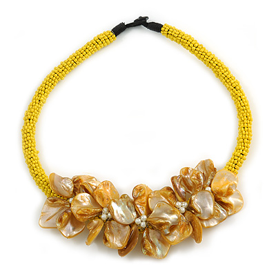 Stunning Glass Bead with Shell Floral Motif Necklace In Yellow - 48cm Long