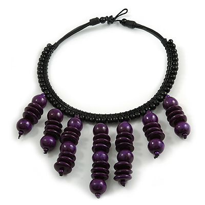 Statement Deep Purple Wood Bead Fringe Bib Style Collar Necklace - 58cm Long/ 12cm Drop - main view