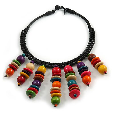 Statement Multicoloured Wood Bead Fringe Bib Style Collar Necklace - 58cm Long/ 12cm Drop - main view