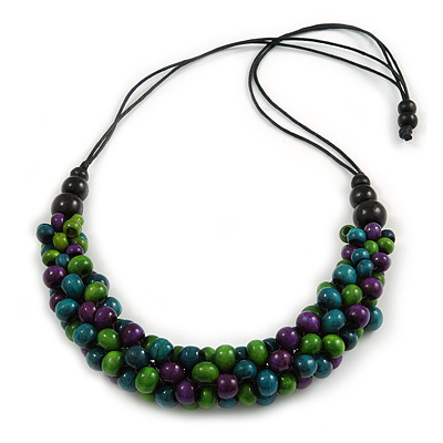 Purple/ Green/ Teal Cluster Wood Bead Chunky Necklace with Black Cotton Cord - 70cm L