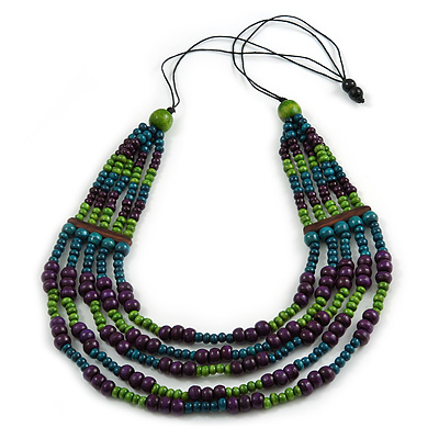 Multistrand Teal/ Green/ Purple Wooden Bead Black Cord Necklace - 100cm L Adjustable - main view