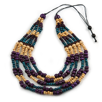 Multistrand Teal/ Natural/ Purple Wooden Bead Black Cord Necklace - 100cm L Adjustable - main view
