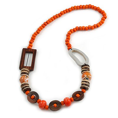 Trendy Wood, Acrylic Bead Geometric Chunky Necklace (Orange/ Brown) - 70cm L - main view