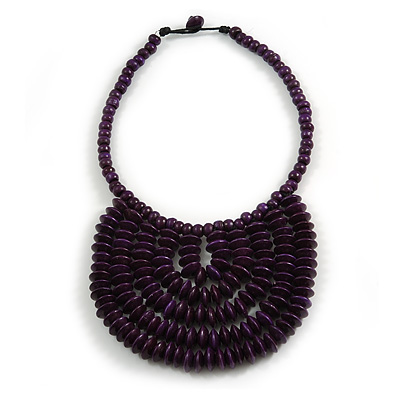 Statement Deep Purple Wood Bead Bib Necklace - 44cm Long/ 10cm Drop