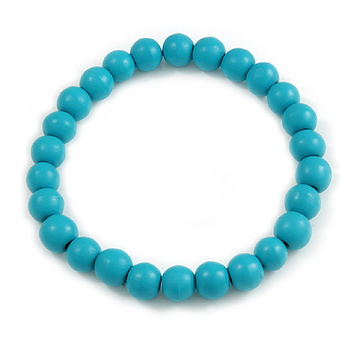 Chunky Pastel Teal Blue Round Bead Wood Flex Necklace - 44cm Long - main view