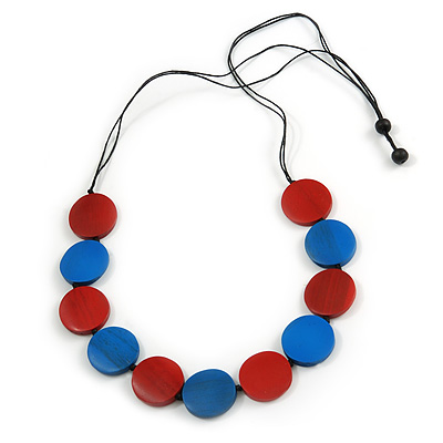 Red/ Blue Wood Button Bead Necklace with Black Cotton Cord - Adjustable - 90cm L - main view