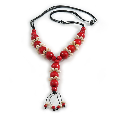 Red Wood Bead with Sea Shell Element Tassel Black Cord Necklace - 70cm L/ 15cm Tassel - main view