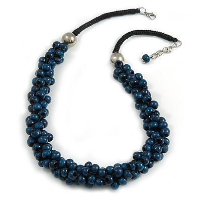 Dark Blue Cluster Wood Bead Black Cotton Cord Necklace - 52cm L/ 4cm Ext - main view