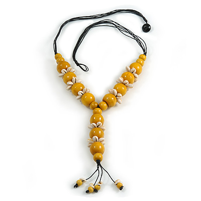 Yellow Wood Bead with Sea Shell Element Tassel Black Cord Necklace - 70cm L/ 15cm Tassel - main view
