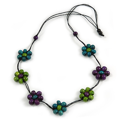 Purple/ Teal/ Green Wooden Bead Floral Cotton Cord Necklace - 78cm Long Adjustable