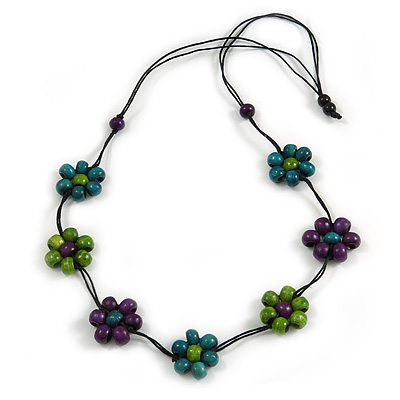 Purple/ Teal/ Green Wooden Bead Floral Cotton Cord Necklace - 78cm Long Adjustable - main view