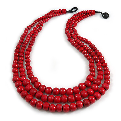 Statement Layered Wood Bead Necklace in Cherry Red - 70cm Long - main view