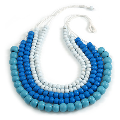 Statement Multistrand Layered Wood Bead Cotton Cord Necklace in White/ Pastel Blue/Light Blue - 80cm Long - main view