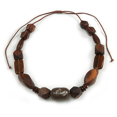 Geometric Wood Bead with Resin and Ceramic Element Cotton Cord Necklace in Brown - 48cm Long/ Adjustable - main view