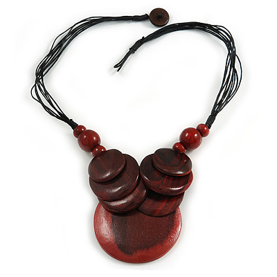 Statement Ox Blood Wood Bead Pendant with Black Cotton Cords - 46cm L - main view