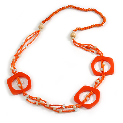 Long Multi-strand Orange Ceramic/ Wooden Bead, Acrylic Ring Necklace - 90cm L - main view