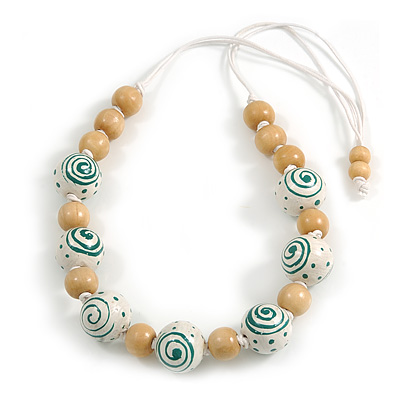 Stylish Wood Beaded Necklace with White Cotton Cords (White/ Natural) - 70cm Long - main view