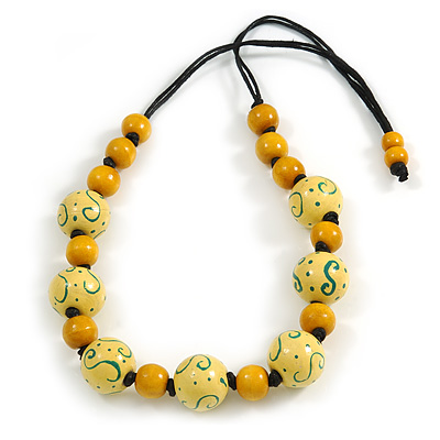 Stylish Wood Beaded Necklace with Black Cotton Cords (Yellow) - 70cm Long