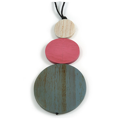 Dusty Pink/ Grey/ Off White Triple Disc Wood Bead Pendant with Black Waxed Cords - 80cm Long/ 12cm Pendant - main view
