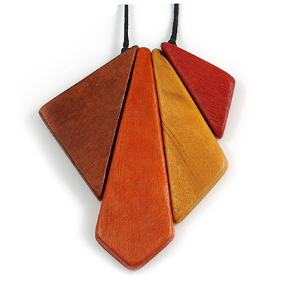 Red/ Brown/ Yellow/ Orange Geometric Wood Pendant with Black Waxed Cotton Cord - 84cm Long/ 10cm Pendant