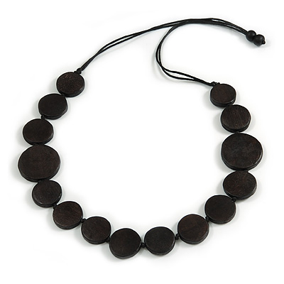 Worn Effect Black Wood Button Bead Necklace with Waxed Cotton Cord - Adjustable - 84cm Long - main view