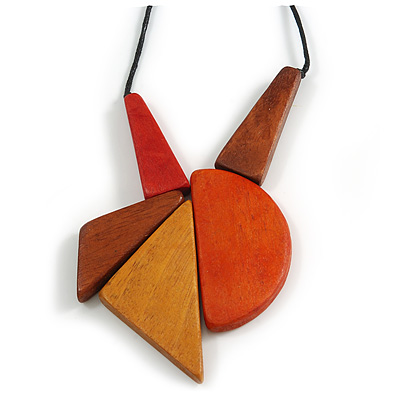 Red/ Brown/ Yellow/ Orange Geometric Wood Pendant with Black Waxed Cotton Cord - 84cm Long/ 12cm Pendant - main view