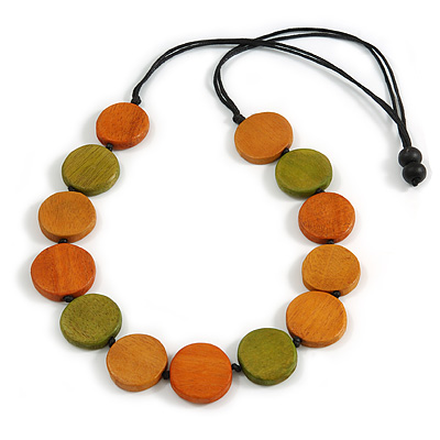 Worn Effect Orange/ Olive Wood Button Bead Necklace with Black Cotton Cord - 74cm Long Adjustable - main view