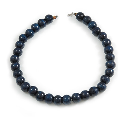 Chunky Dark Blue Wood Bead Necklace - 60cm L - main view