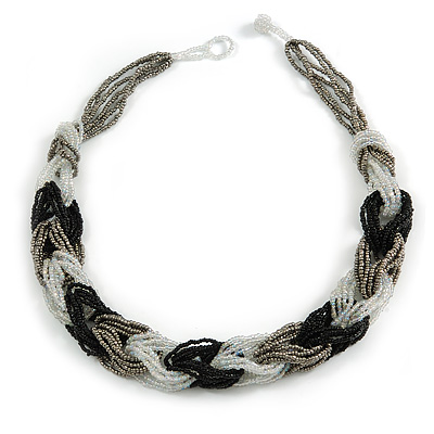 Unique Braided Glass Bead Necklace In Black/ Taupe/ Transparent - 52cm Long - main view