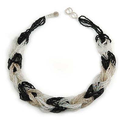 Unique Braided Glass Bead Necklace In Black/ White/ Transparent - 52cm Long - main view