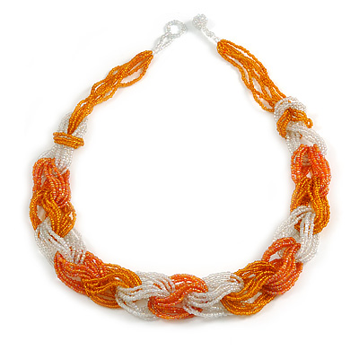 Unique Braided Glass Bead Necklace In Orange/ Transparent - 52cm Long - main view