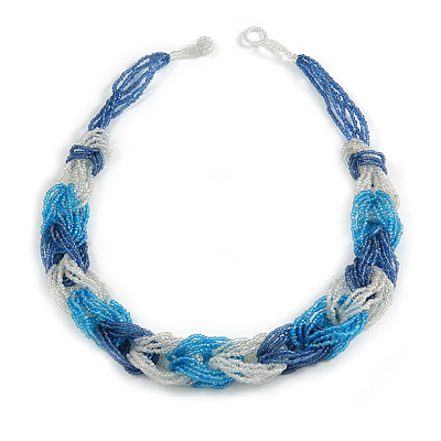 Unique Braided Glass Bead Necklace In Blue/ Transparent - 52cm Long