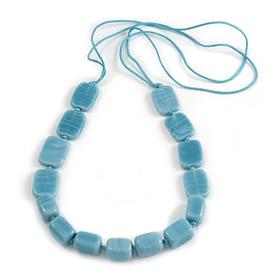 Light Blue Square Ceramic Bead Cotton Cord Necklace - 90cm Long