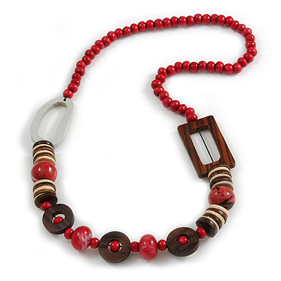 Trendy Wood, Acrylic Bead Geometric Chunky Necklace (Red/ Brown) - 70cm L - main view