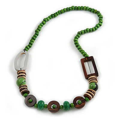 Trendy Wood, Acrylic Bead Geometric Chunky Necklace (Green/ Brown) - 70cm L - main view