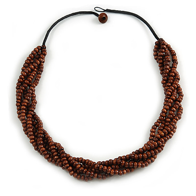 Brown Wood Bead Multistrand Twisted Black Cord Necklace - 66cm Long - main view