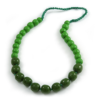Green Wood and Ceramic Bead Cotton Cord Necklace - 70cm Long