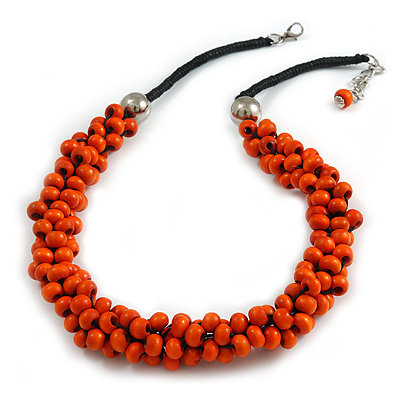 Orange Cluster Wood Bead Black Cotton Cord Necklace - 52cm L/ 4cm Ext - main view