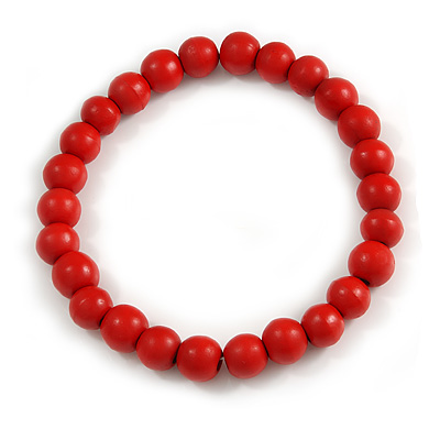 Chunky Fire Red Round Bead Wood Flex Necklace - 44cm Long