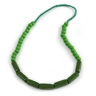 Green Wood and Ceramic Bead Cotton Cord Necklace - 68cm Long - main view