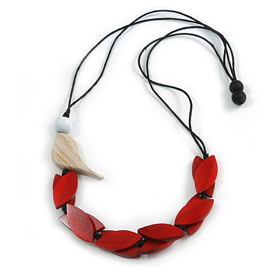 Red Wood Leaf with Off White Wood Bird Black Cotton Cords Necklace - 80cm L Adjustable - main view