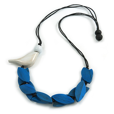 Blue Wood Leaf with Off White Wood Bird Black Cotton Cords Necklace - 80cm L Adjustable