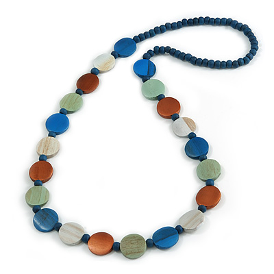 Statement Multicoloured Button Shape Wood Bead Necklace - 96cm Long
