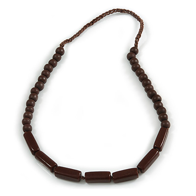 Brown Wood and Ceramic Bead Cotton Cord Necklace - 68cm Long - main view