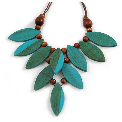 V Shape Wooden Leaf and Round Bead Cotton Cord Necklace/ Teal/ Brown - 74cm L/ 12cm Front Drop - main view