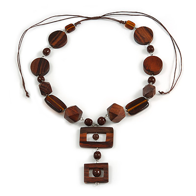 Geometric Brown Wood and Ceramic Bead Necklace - 50cm L/ 8cm Front Drop/ Adjustable - main view